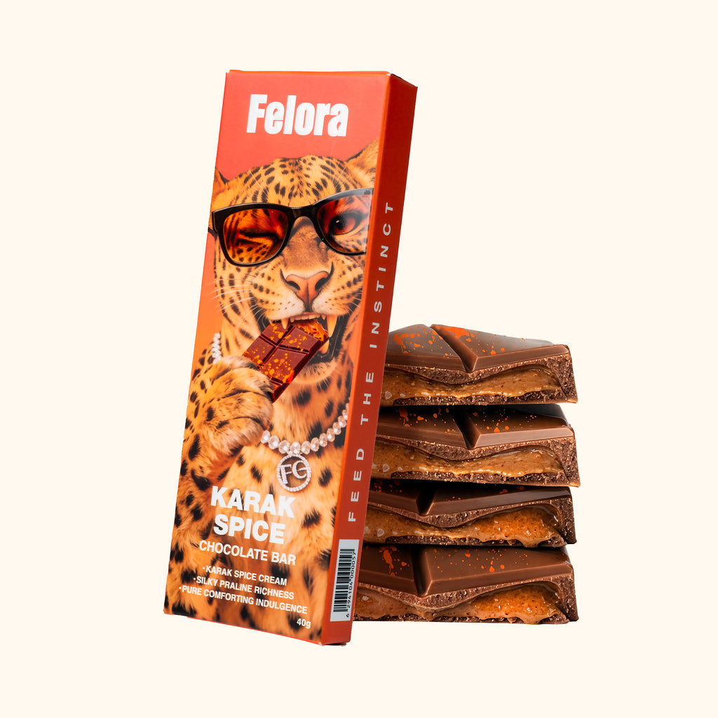 Felora Karak Spice chocolate bar — styled composition