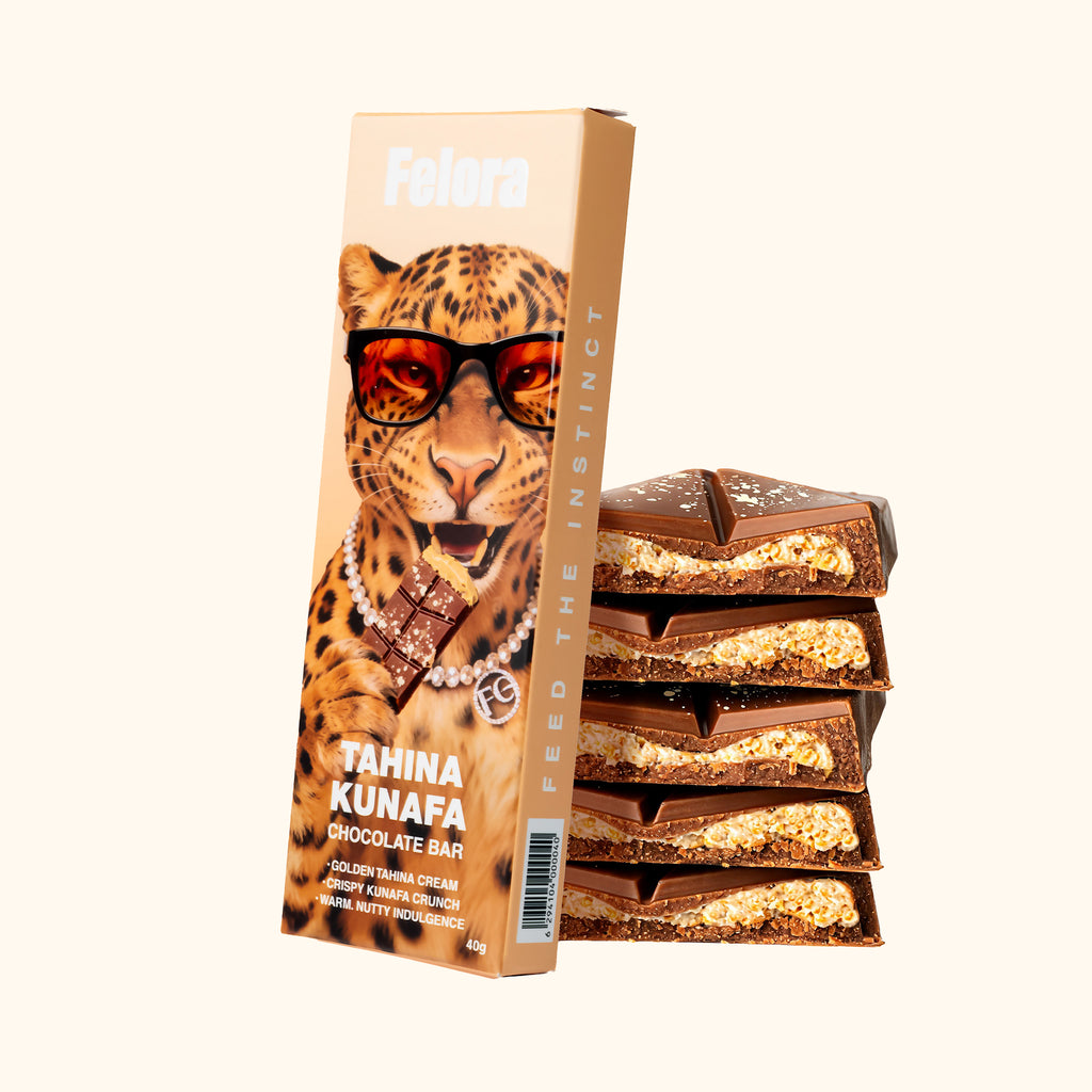 Felora Tahina Kunafa chocolate bar — styled composition
