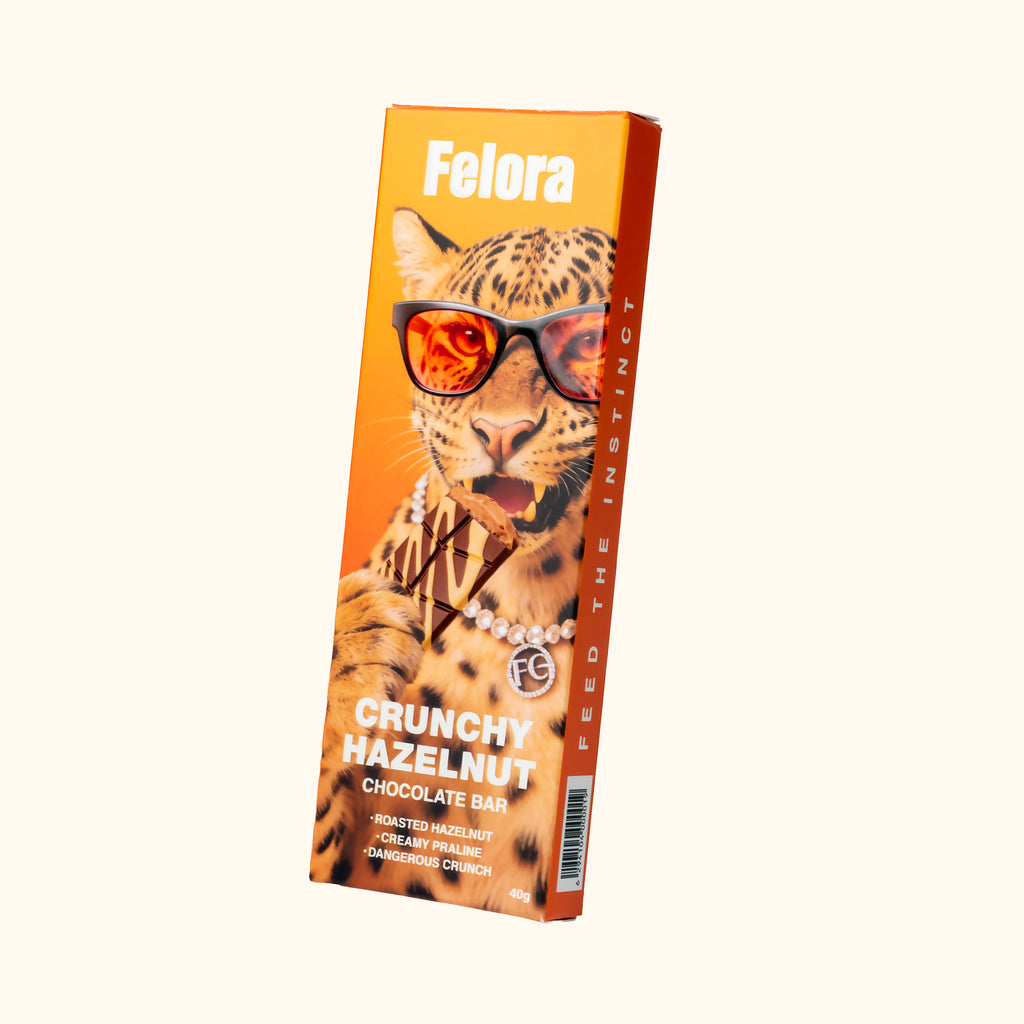 Felora Crunchy Hazelnut chocolate bar — packaging angle