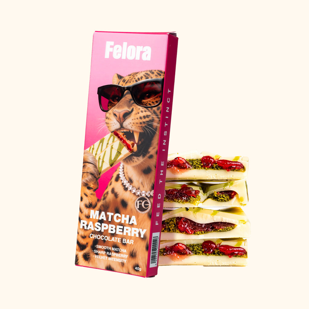 Felora Matcha Raspberry chocolate bar — styled composition