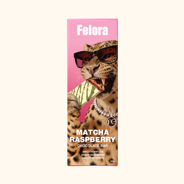 Felora Matcha Raspberry chocolate bar — packaging front