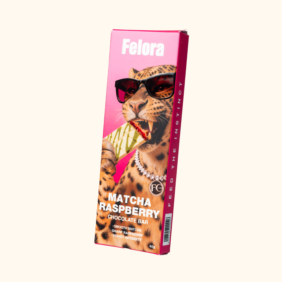 Felora Matcha Raspberry chocolate bar — packaging angle