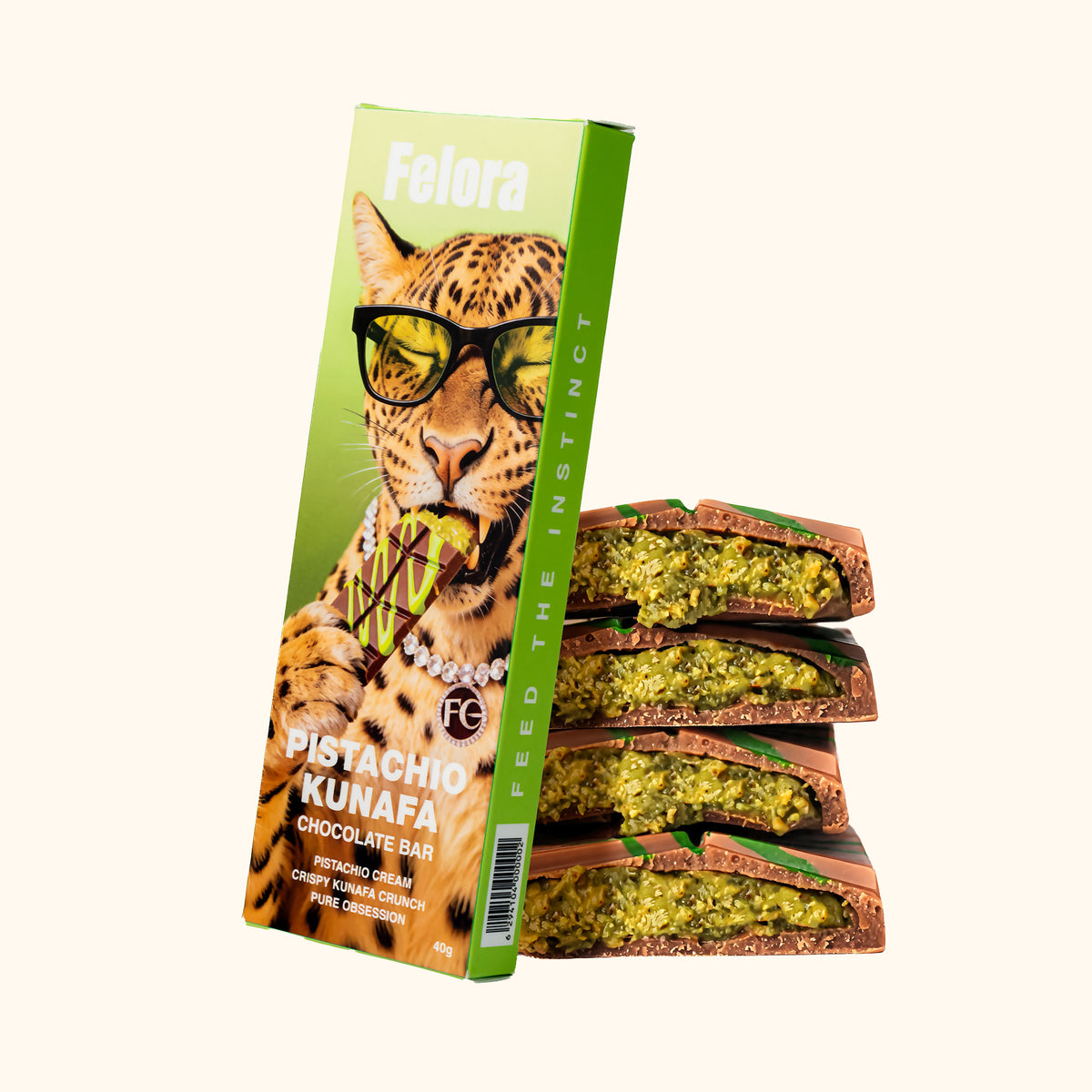 Felora Pistachio Kunafa chocolate bar — styled composition