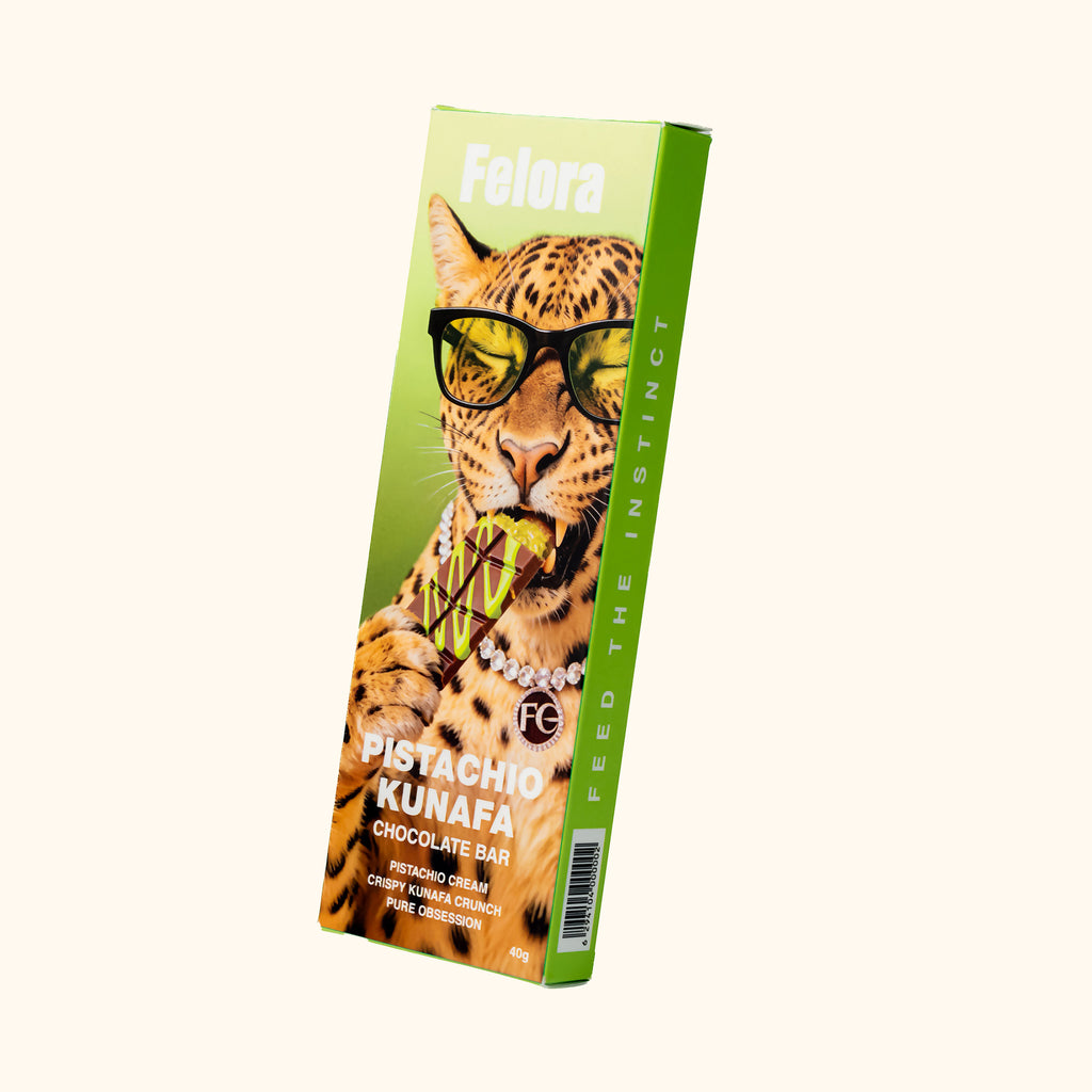 Felora Pistachio Kunafa chocolate bar — packaging angle