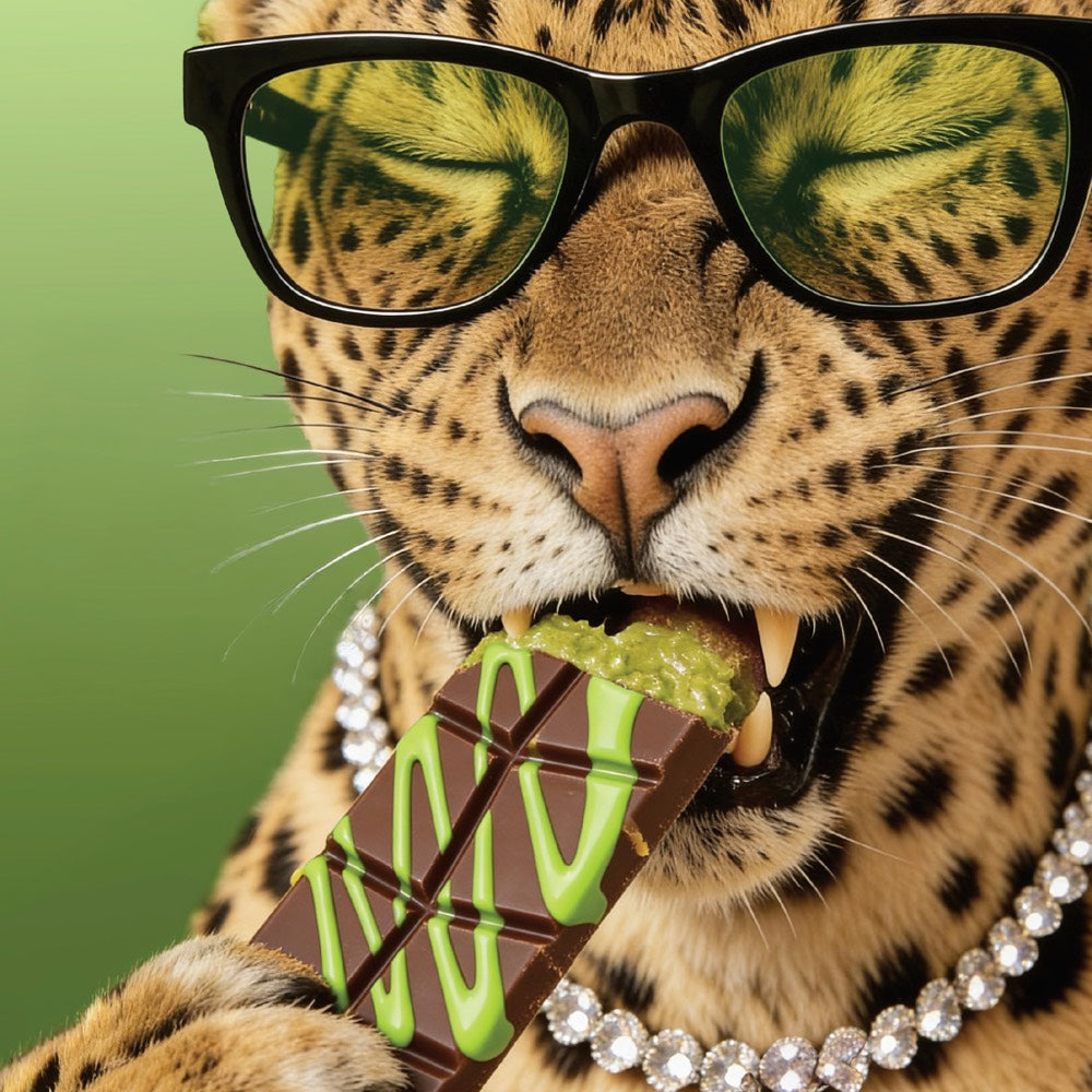 Felora leopard character biting a Pistachio Kunafa chocolate bar