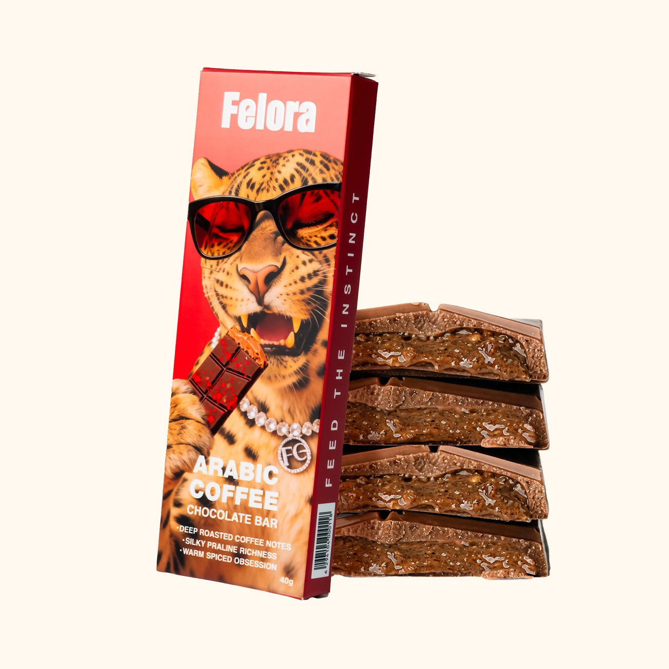 Felora Arabic Coffee bar with chocolate pieces stacked