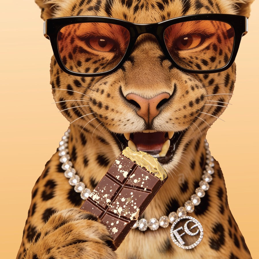 Felora leopard enjoying a Tahina Kunafa chocolate bar