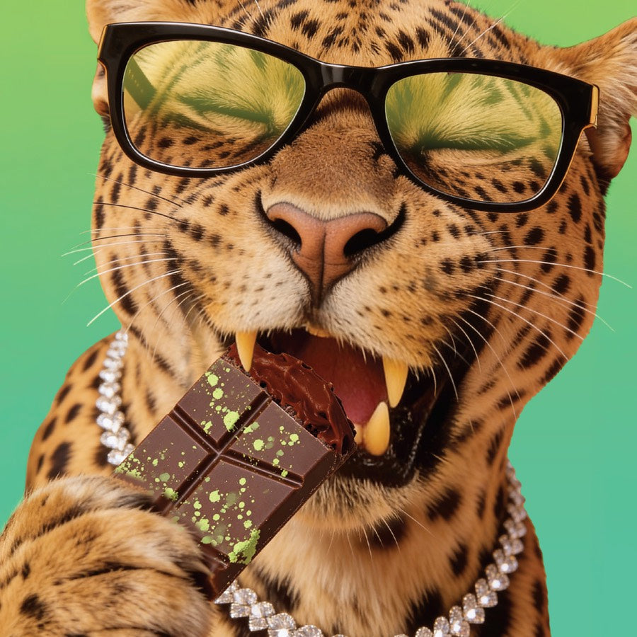Felora leopard enjoying a Wild Zaatar chocolate bar